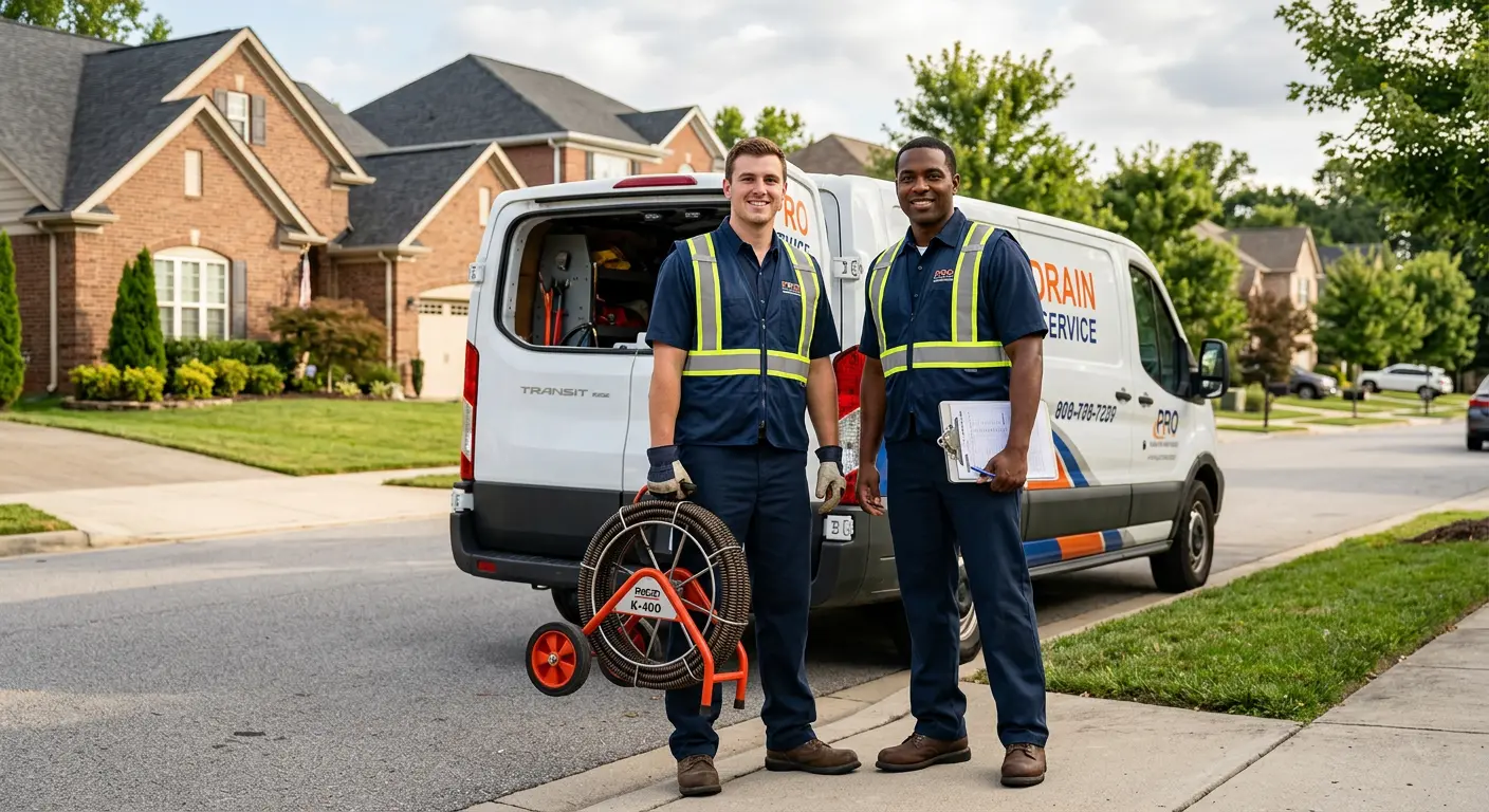 Sewer and drain service team with equipment ready for work in Mead Valley