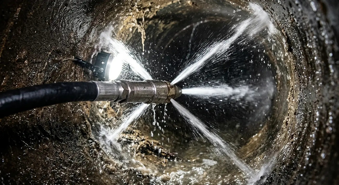 High-pressure hydro jetting nozzle cleaning sewer pipe for Storm Drain Cleaning in Mead Valley