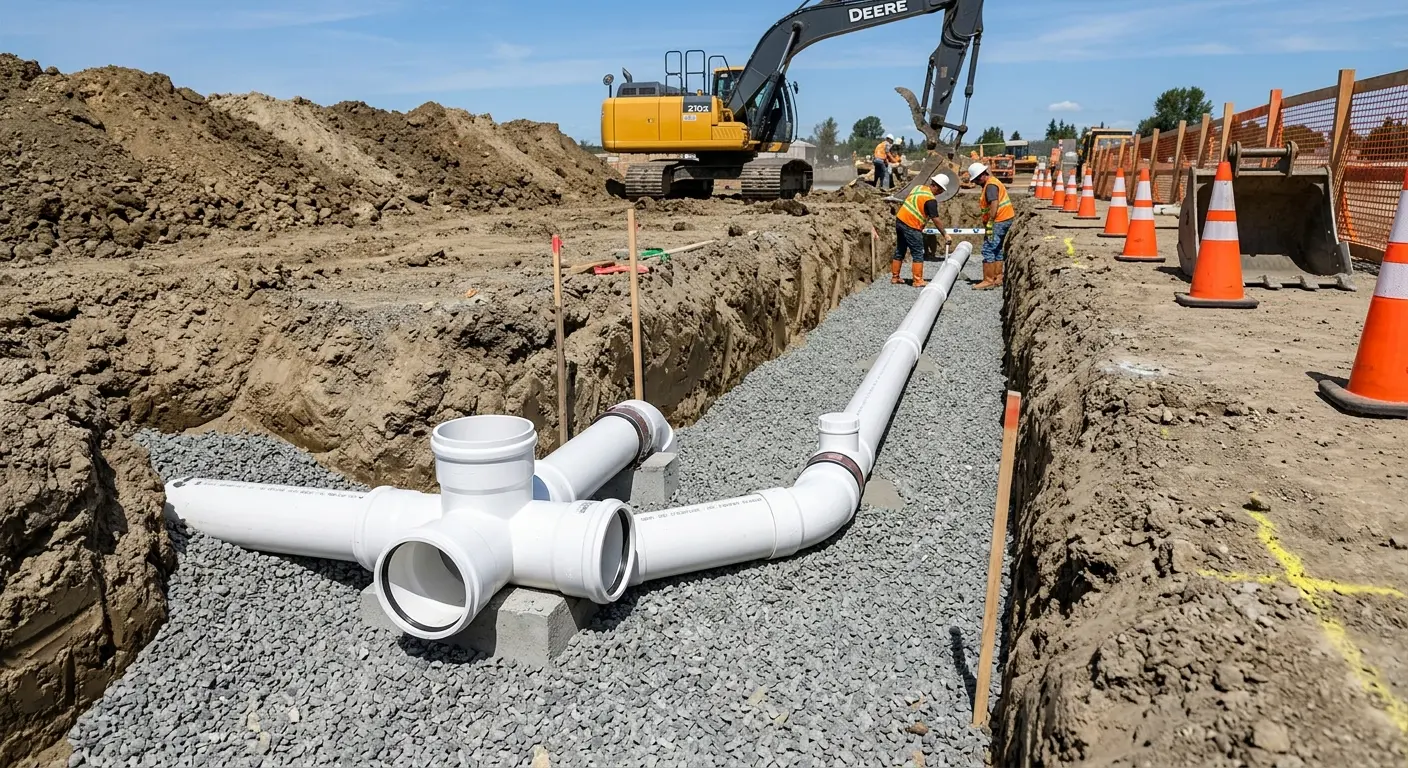 New PVC sewer pipe installation in open trench for Sewer Backup in Mead Valley