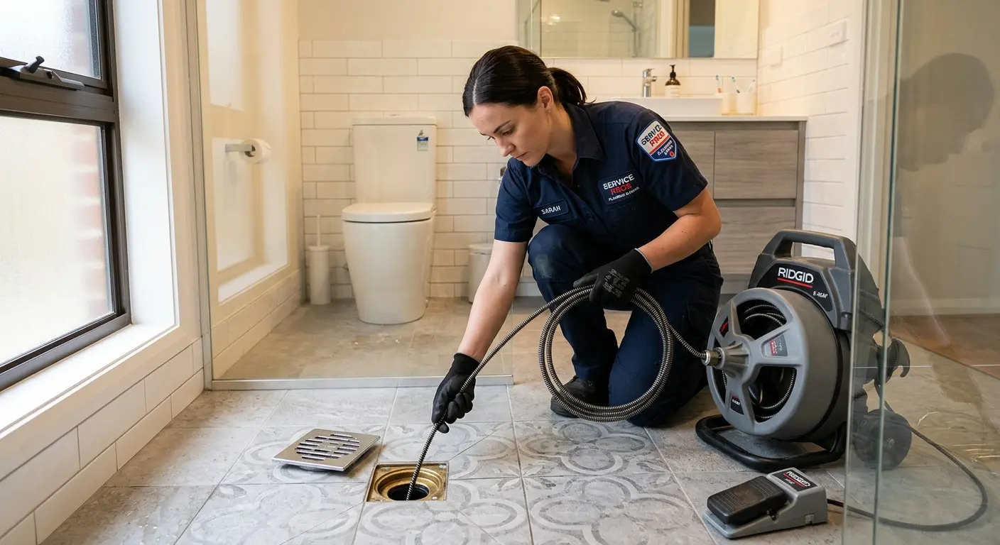 Technician clearing a bathroom floor drain for Hydro Jetting in Mead Valley